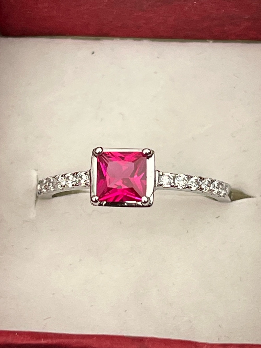 Moissanite Red Square-Cut Ring with crystal accents